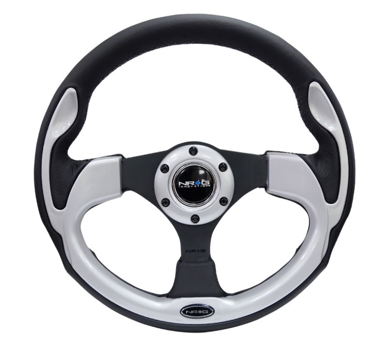 NRG - Reinforced Steering Wheel- 320mm Sport Steering Wheel w/ Silver Trim Steering Wheels - 3 Spokes Leather-RST-001SL - RZCrewEurope