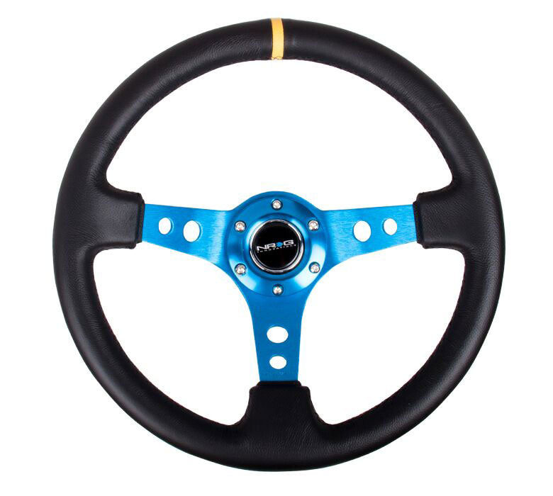 NRG - Reinforced Steering Wheel - 350mm Sport Steering Wheel (3" Deep) - Blue Spoke w/ Round holes / Black Leather and Yellow center stripe Steering Wheels - 3 Spokes Leather-RST-006BL-Y - RZCrewEurope