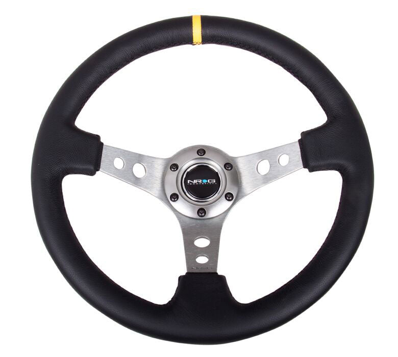 NRG - Reinforced Steering Wheel - 350mm Sport Steering Wheel (3" Deep) - Gun Metal Spoke w/ Round holes / Black Leather / Yellow Center Mark Steering Wheels - 3 Spokes Leather-RST-006GM-Y - RZCrewEurope