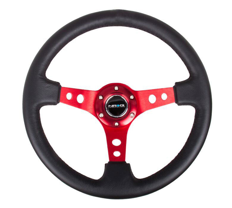 NRG - Reinforced Steering Wheel - 350mm Sport Steering Wheel (3" Deep) - Red Spoke w/ Round holes / Black Leather Steering Wheels - 3 Spokes Leather-RST-006RD - RZCrewEurope