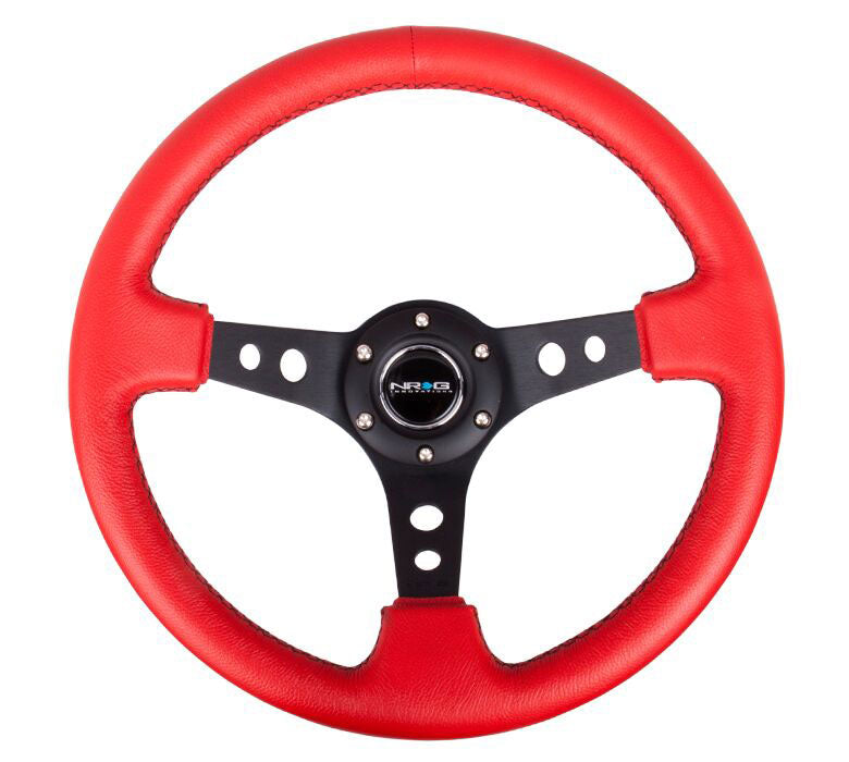 NRG - Reinforced Steering Wheel - 350mm Sport Steering Wheel (3" Deep) - Black Spoke w/ Round holes / Red Leather / Black Stitch Steering Wheels - 3 Spokes Leather-RST-006RR-BS - RZCrewEurope