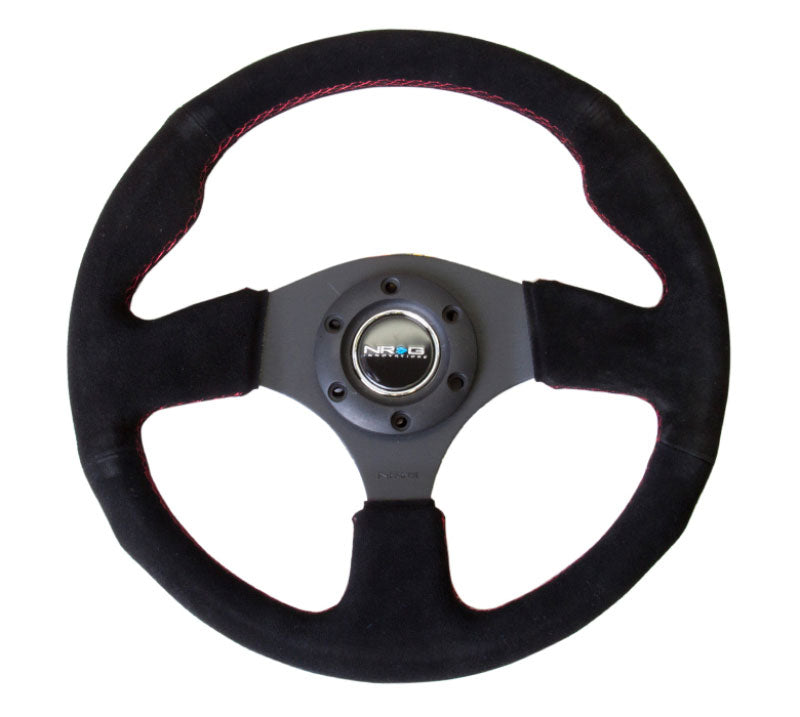 NRG - Reinforced Steering Wheel- 320mm Sport Suede Steering Wheel w/ red stitch Steering Wheels - 3 Spokes Suede-RST-012S-RS - RZCrewEurope