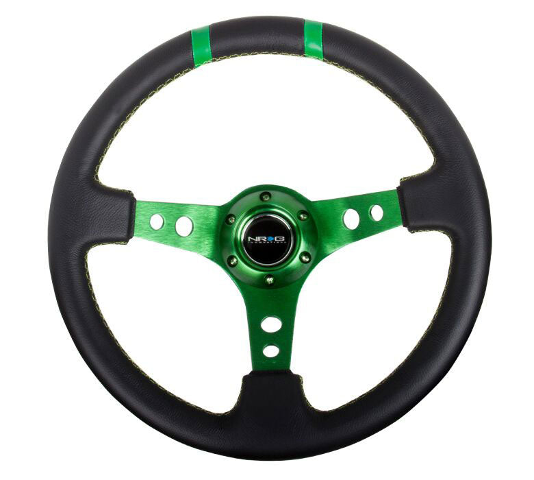 NRG - Reinforced Steering Wheel- 350mm Leather Sport Steering Wheel (3" Deep) Green Spoke w/ Green Double Center Marking Steering Wheels - 3 Spokes Leather-RST-016R-GN - RZCrewEurope