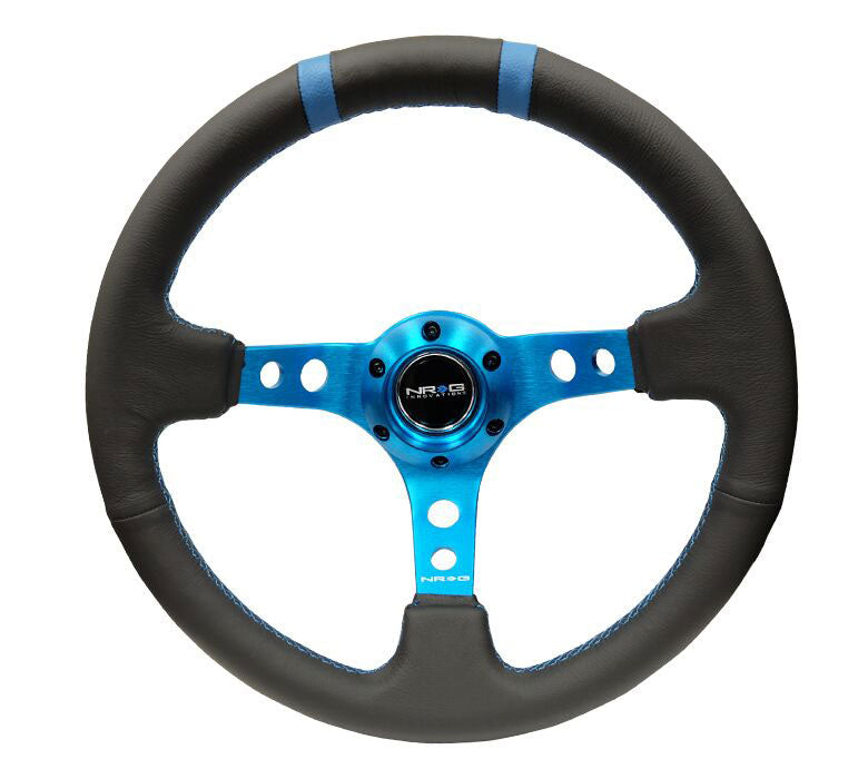 NRG - Reinforced Steering Wheel- 350mm Leather Sport Steering Wheel (3" Deep) New Blue w/ New Blue Double Center Marking Steering Wheels - 3 Spokes Leather-RST-016R-NB - RZCrewEurope