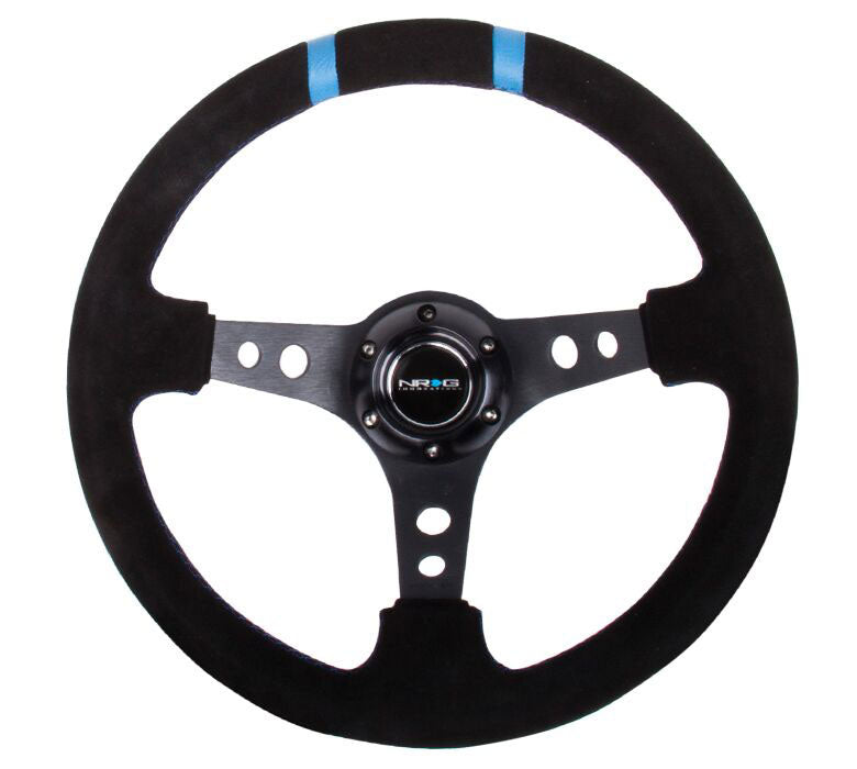 NRG - Reinforced Steering Wheel- 350mm Suede Sport Steering Wheel (3" Deep) Black Spoke w/ Blue Double Center Marking Steering Wheels - 3 Spokes Suede-RST-016S-BK - RZCrewEurope