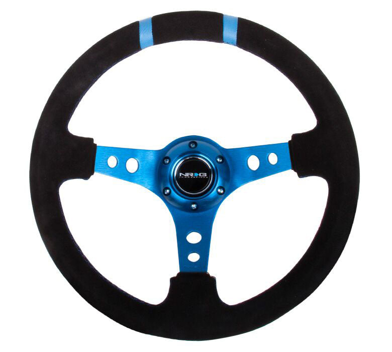 NRG - Reinforced Steering Wheel- 350mm Suede Sport Steering Wheel (3" Deep) Blue Spoke w/ Blue Double Center Marking Steering Wheels - 3 Spokes Suede-RST-016S-BL - RZCrewEurope