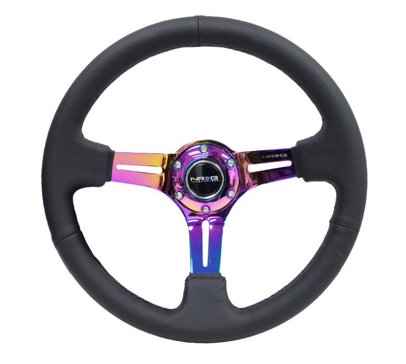 NRG - Reinforced Steering Wheel 350mm Sport Steering Wheel Leather (3" Deep) Black Stitch with slits in Neochrome Steering Wheels - 3 Spokes Leather-RST-018R-MCBS - RZCrewEurope