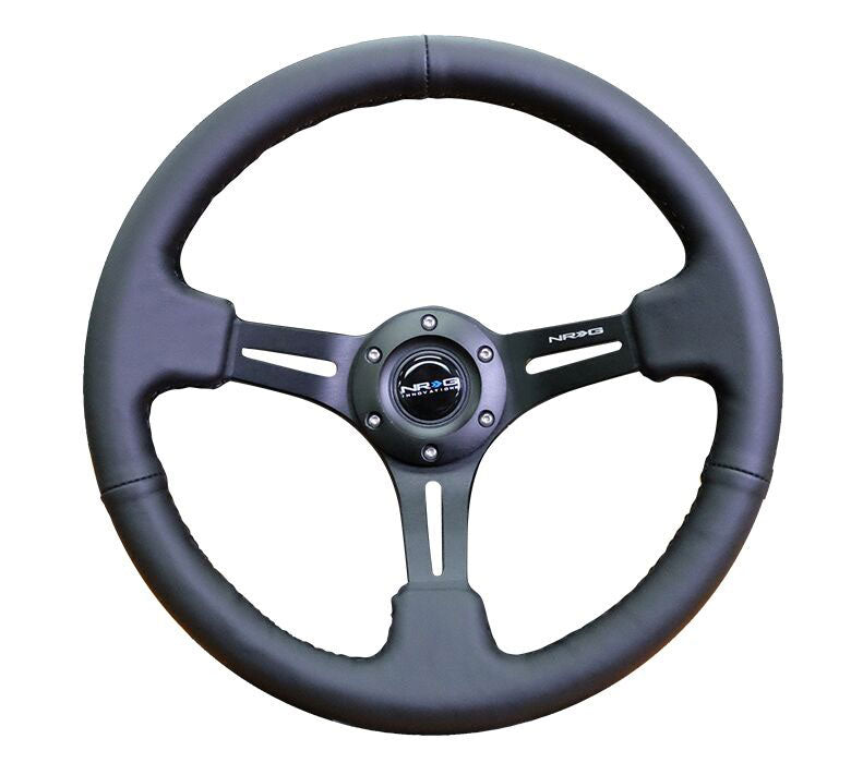 NRG - Reinforced Steering Wheel 350mm Sport Steering Wheel (3" Deep) Black Leather with Black Stitching Steering Wheels - 3 Spokes Leather-RST-018R - RZCrewEurope