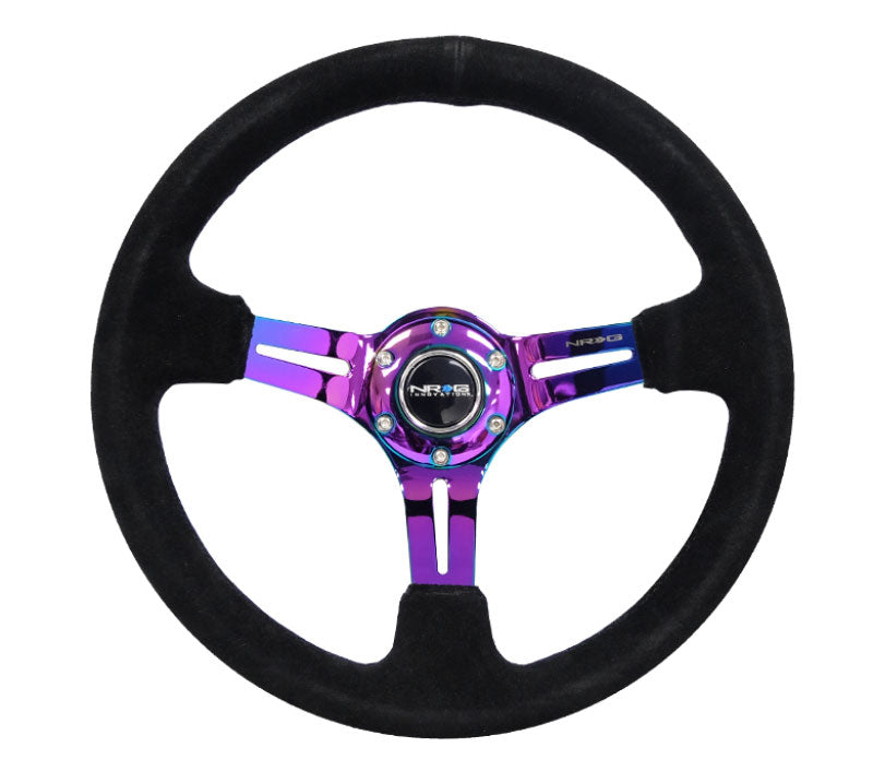 NRG - Reinforced Steering Wheel 350mm Sport Steering Wheel Suede (3" Deep) Black Stitch with slits in Neochrome Steering Wheels - 3 Spokes Suede-RST-018S-MCBS - RZCrewEurope