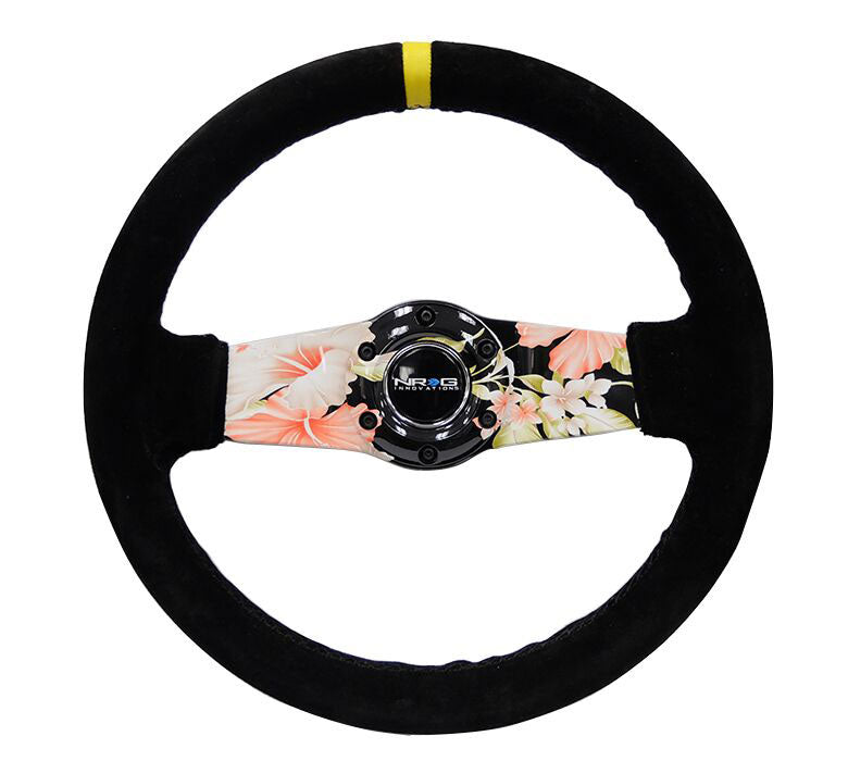 NRG - Reinforced Steering Wheel 310mm Floral Dipped Suede Sport Steering Wheel (1.75" Deep) W/ Yellow Center Mark Steering Wheels - 2 Spokes Suede-RST-021S-SUN-Y - RZCrewEurope