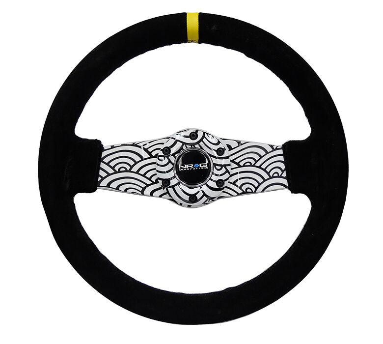 NRG - Reinforced Steering Wheel 310mm Japanese Wave Dipped Suede Sport Steering Wheel (1.75" Deep) W/ Yellow Center Mark Steering Wheels - 2 Spokes Suede-RST-021S-WAVE-Y - RZCrewEurope