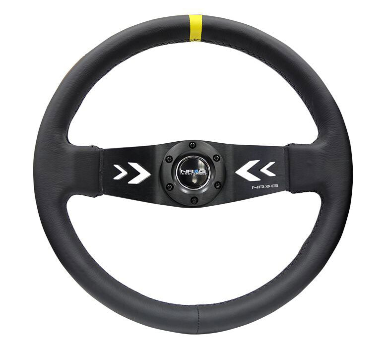 NRG - Reinforced Steering Wheel NRG Arrow cut out two spoke 350mm Sport Stereing Wheel Leather (3" Deep) Black Suede, yellow Center Marking, NRG Arrow cut out two spoke Steering Wheels - 2 Spokes Leather-RST-022R-Y - RZCrewEurope