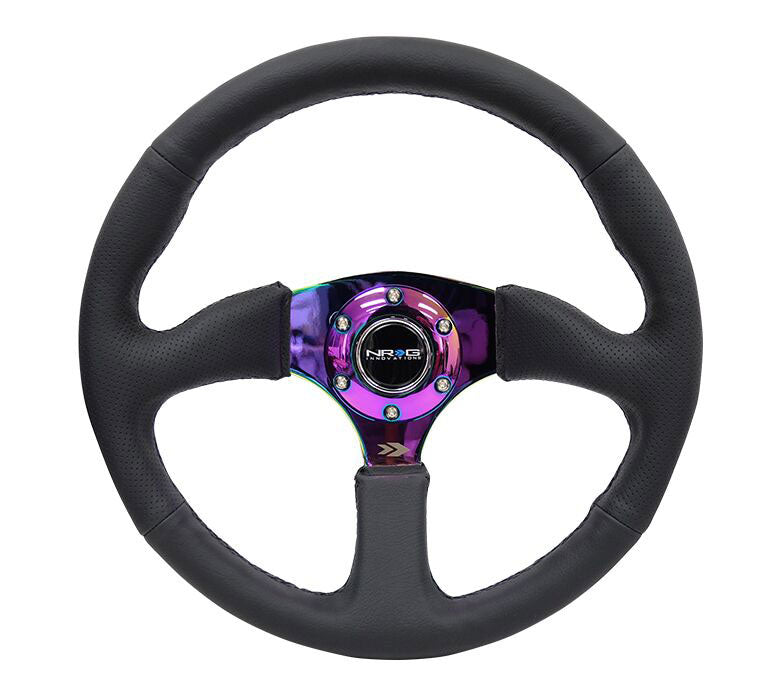 NRG - Reinforced Steering Wheel- 350mm Sport Leather Racing ( 2.5" Deep) Comfort Grip, 4mm metal neochrome spoke Steering Wheels - 3 Spokes Leather-RST-023MC-R - RZCrewEurope