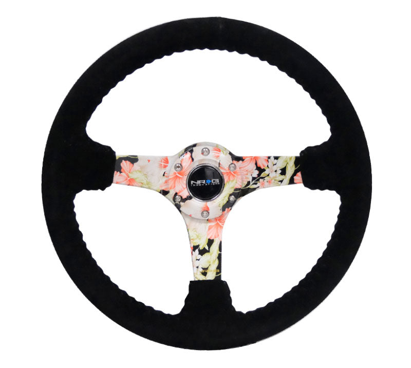 NRG - Reinforced Steering Wheel - Hydro Dipped Tropical Floral 3" Deep, 5mm spoke, 350mm Sport Steering Wheel Black Suede w/ Black baseball stitching Steering Wheels - 3 Spokes Suede-RST-036FL-S - RZCrewEurope
