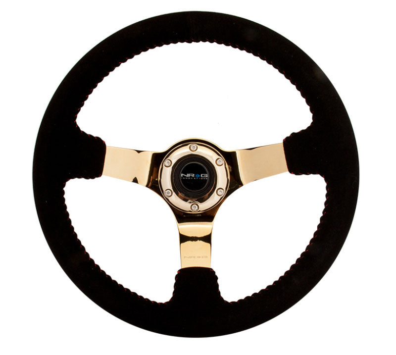 NRG - Reinforced Steering Wheel - 350mm sport steering wheel (3' deep) black Suede with red baseball stitching - CHROME GOLD spoke Steering Wheels - 3 Spokes Suede-RST-036GD-S - RZCrewEurope