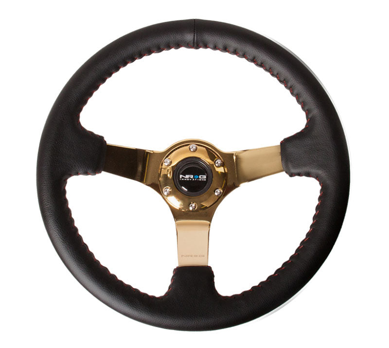 NRG - Reinforced Steering Wheel - (3" Deep, 4mm ) 350mm Sport wheel - Black Leather, Red Baseball Stitch, Gold spoke Steering Wheels - 3 Spokes Leather-RST-036GD - RZCrewEurope