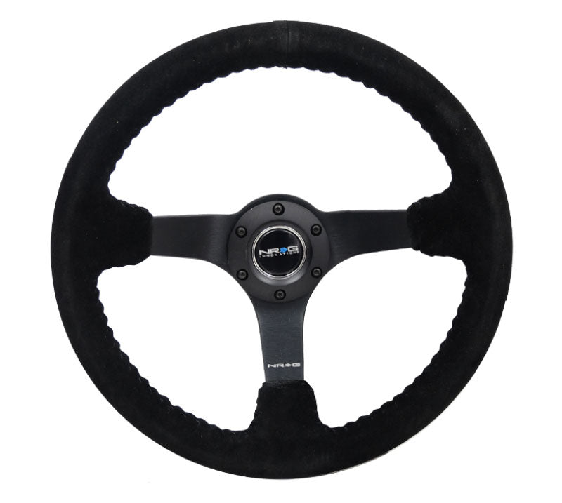 NRG - Reinforced Steering Wheel - 3" Deep, 5mm matte black spoke, 350mm Sport Steering Wheel Black suede w/ Black baseball stitching Steering Wheels - 3 Spokes Suede-RST-036MB-S-BK - RZCrewEurope