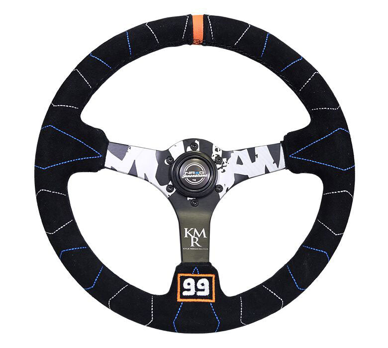 NRG - Reinforced Steering Wheel - Kyle Mohan Signature 3" Deep, 5mm matte black spoke, 350mm Sport Steering Wheel Black suede w/ color stitching Steering Wheels - 3 Spokes Suede-RST-036MB-S-KMR - RZCrewEurope