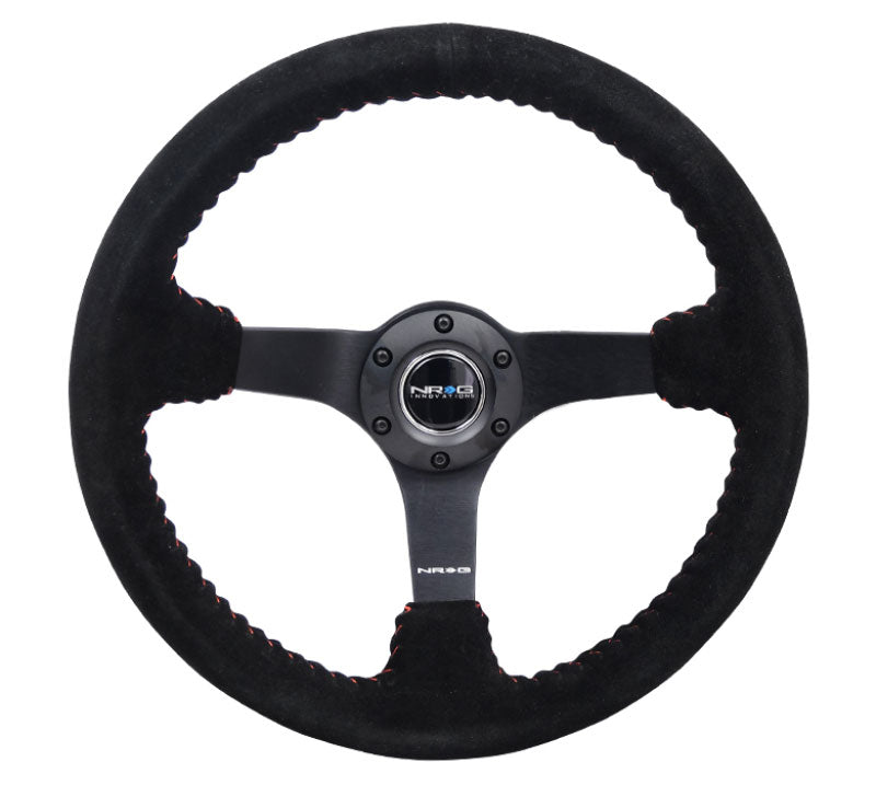 NRG - Reinforced Steering Wheel - 3" Deep, 5mm matte black spoke, 350mm Sport Steering Wheel Black suede w/ Red baseball stitching Steering Wheels - 3 Spokes Suede-RST-036MB-S-RD - RZCrewEurope