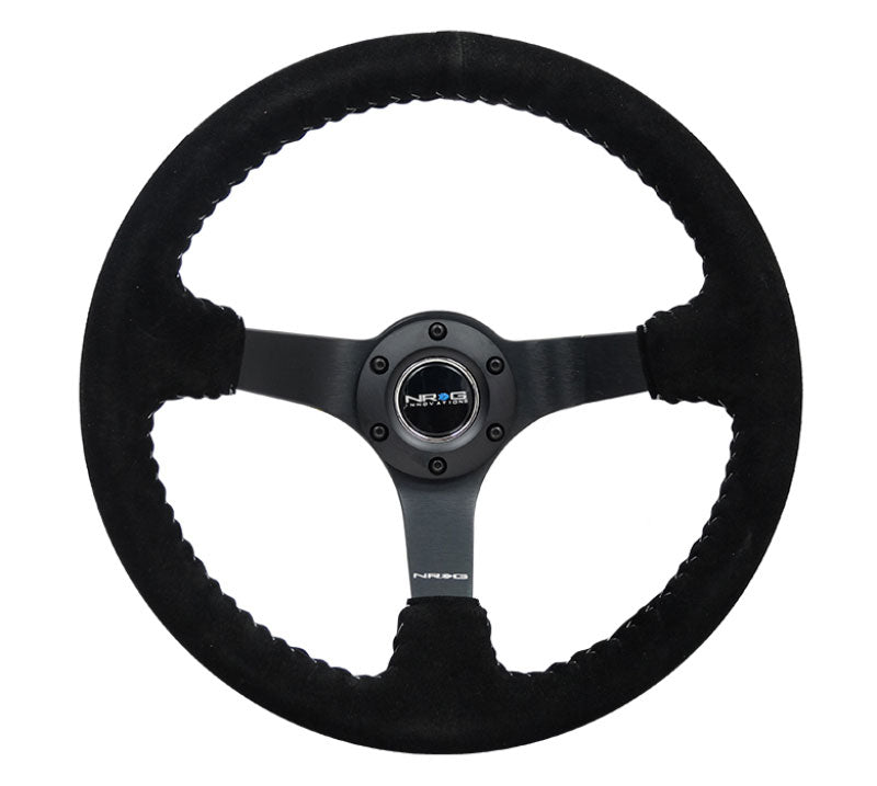 NRG - Reinforced Steering Wheel - 3" Deep, 5mm matte black spoke, 350mm Sport Steering Wheel Black suede w/ Silver baseball stitching Steering Wheels - 3 Spokes Suede-RST-036MB-S-SL - RZCrewEurope