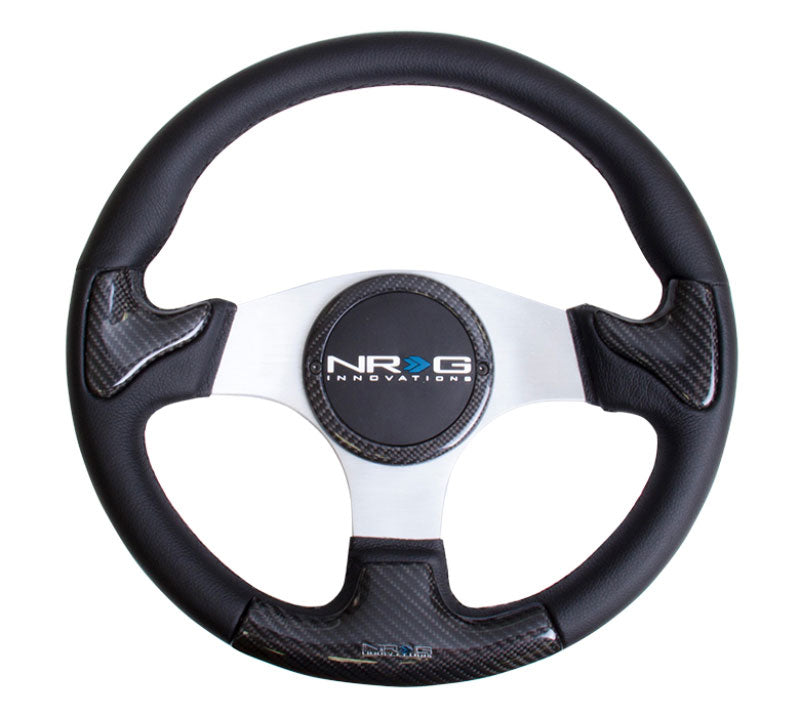 NRG - CARBON FIBER STEERING WHEEL 350mm SILVER frame blk stitching w/ RUBBER COVER HORN BUTTON Steering Wheels - 3 Spokes Carbon,Leather-ST-014CFSL - RZCrewEurope