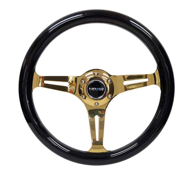 NRG - Classic Wood Grain Wheel - 350mm 3 Chrome Gold Spokes - Black Grip Steering Wheels - 3 Spokes Wood-ST-015CG-BK - RZCrewEurope