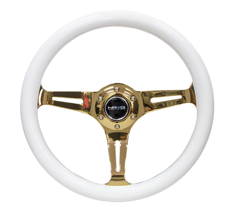 NRG - Classic Wood Grain Wheel - 350mm 3 Chrome Gold Spokes - White Grip Steering Wheels - 3 Spokes Wood-ST-015CG-WT - RZCrewEurope