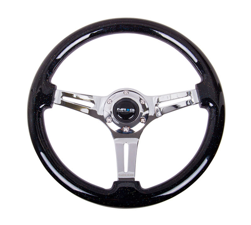 NRG - Classic Wood Grain Wheel, 350mm 3 chrome spokes- Black Sparkled Color Steering Wheels - 3 Spokes Wood-ST-015CH-BSB - RZCrewEurope