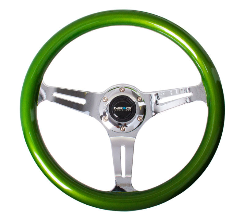 NRG - Classic Wood Grain Wheel, 350mm 3 chrome spokes, green pearl/flake paint Steering Wheels - 3 Spokes Wood-ST-015CH-GN - RZCrewEurope