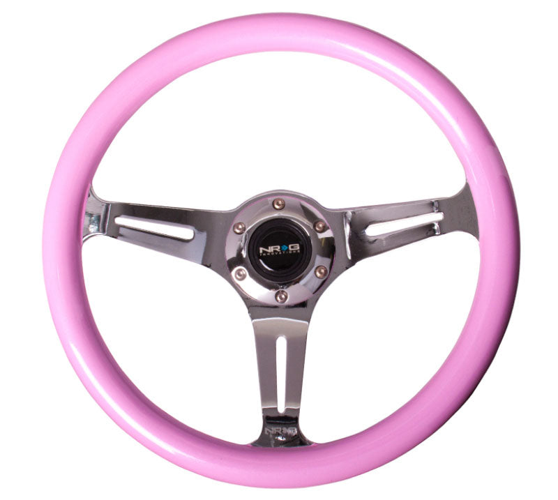NRG - Classic Wood Grain Wheel, 350mm 3 chrome spokes, solid pink painted grip Steering Wheels - 3 Spokes Wood-ST-015CH-PK - RZCrewEurope