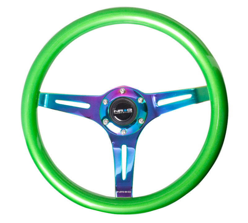 NRG - Classic Wood Grain Wheel, 350mm 3 Neochrome spokes, green pearl/flake paint Steering Wheels - 3 Spokes Wood-ST-015MC-GN - RZCrewEurope