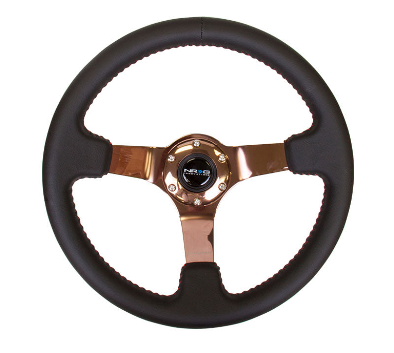 NRG - 350mm Sport wheel - Black Leather, Red Baseball Stitch, Rose Gold spoke Steering Wheels - 3 Spokes Leather-ST-036RG - RZCrewEurope