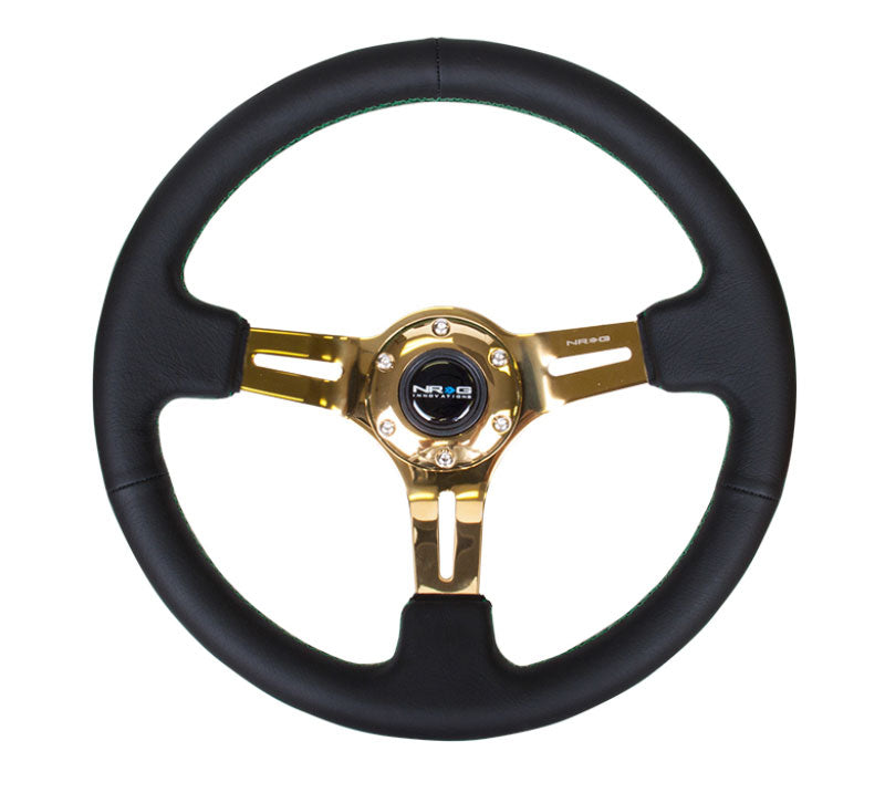 NRG - Black Leather Steering Wheel (3" Deep), 350mm, 3 spoke center in Chrome Gold w/ Green Stitch Steering Wheels - 3 Spokes Leather-ST-055R-CGGS - RZCrewEurope