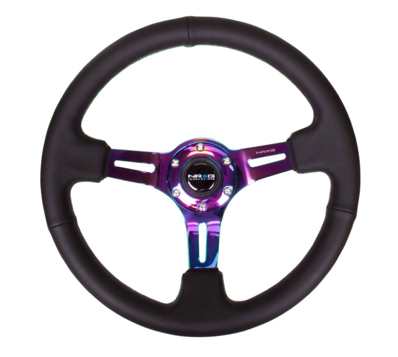NRG - Black Leather Steering Wheel (3" Deep), 350mm, 3 spoke center in Neochrome w/ Green Stitch Steering Wheels - 3 Spokes Leather-ST-055R-MCGS - RZCrewEurope