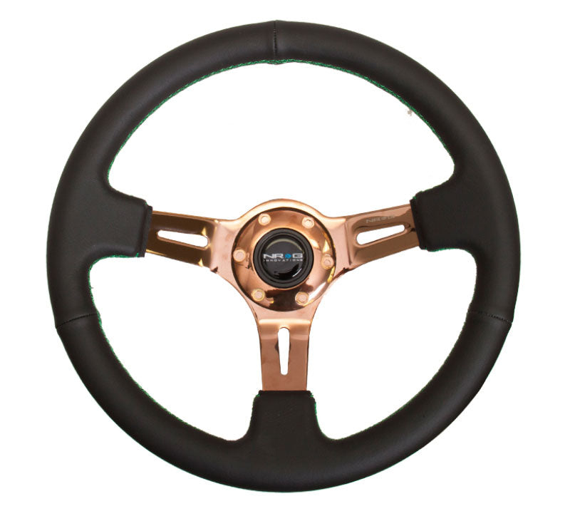 NRG - Black Leather Steering Wheel (3" Deep), 350mm, 3 spoke center in Rose Gold w/ Green Stitch Steering Wheels - 3 Spokes Leather-ST-055R-RGGS - RZCrewEurope