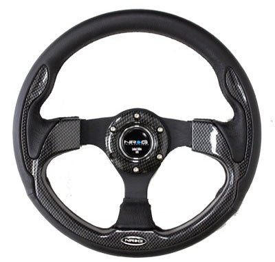 NRG - Reinforced Steering Wheel- 320mm Sport Steering Wheel w/ Carbon Fiber Look Trim( 001CBL) Steering Wheels - 3 Spokes Leather-RST-001CFL - RZCrewEurope