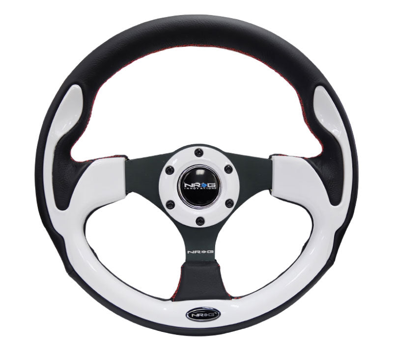 NRG - Reinforced Steering Wheel- 320mm Sport Steering Wheel w/ White Trim Steering Wheels - 3 Spokes Leather-RST-001WT - RZCrewEurope