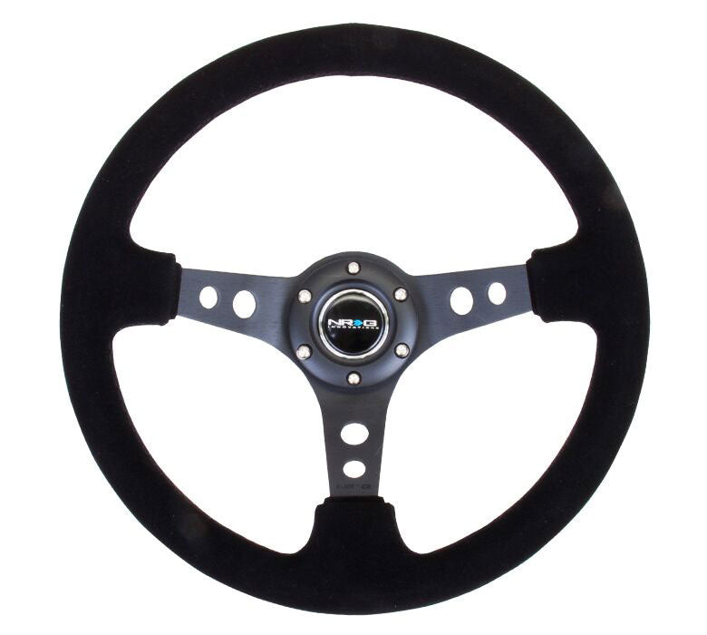 NRG - Reinforced Steering Wheel - 350mm Sport Steering Wheel (3" Deep) - Black Spoke Suede Black Stitch Steering Wheels - 3 Spokes Suede-RST-006-S - RZCrewEurope