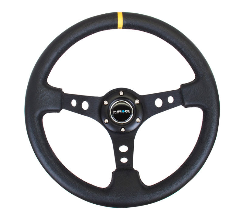 NRG - Reinforced Steering Wheel - 350mm Sport Steering Wheel (3" Deep) - Black Spoke w/ Round holes / Black Leather / Yellow Stripes Steering Wheels - 3 Spokes Leather-RST-006BK-Y - RZCrewEurope