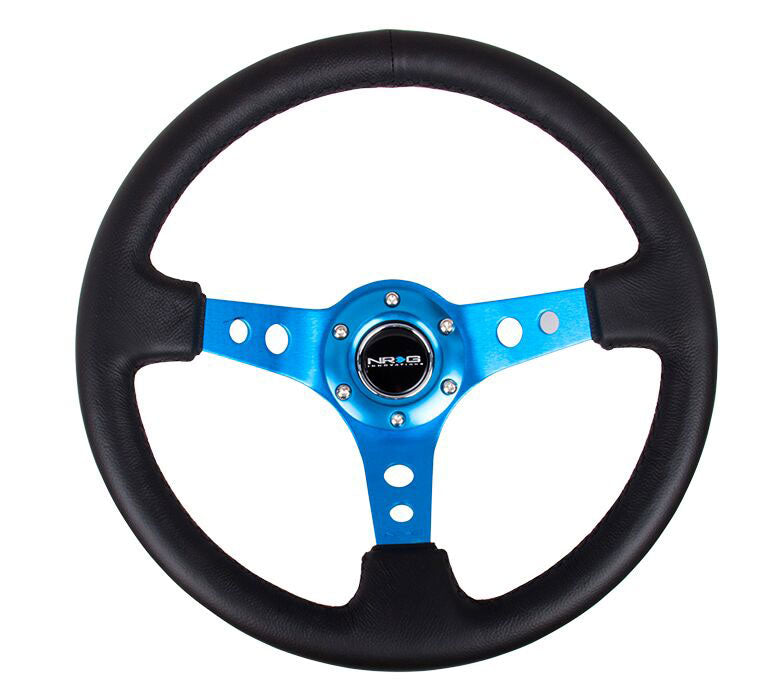 NRG - Reinforced Steering Wheel - 350mm Sport Steering Wheel (3" Deep) - Blue Spoke w/ Round holes / Black Leather  Steering Wheels - 3 Spokes Leather-RST-006BL - RZCrewEurope