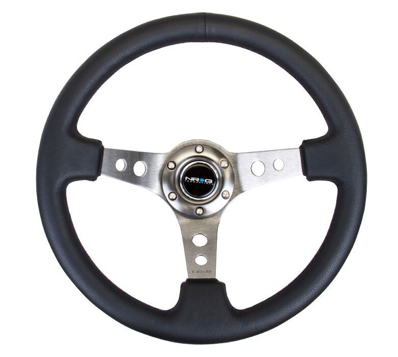 NRG - Reinforced Steering Wheel - 350mm Sport Steering Wheel (3" Deep) - Gun Metal Spoke w/ Round holes / Black Leather  Steering Wheels - 3 Spokes Leather-RST-006GM - RZCrewEurope