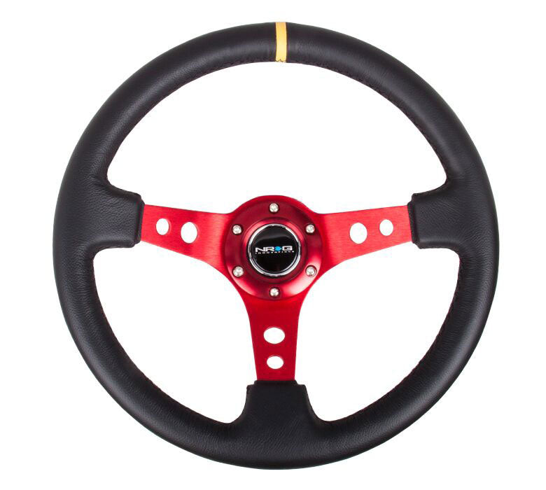 NRG - Reinforced Steering Wheel - 350mm Sport Steering Wheel (3" Deep) - Red Spoke w/ Round holes / Black Leather / Yellow Center Mark Steering Wheels - 3 Spokes Leather-RST-006RD-Y - RZCrewEurope