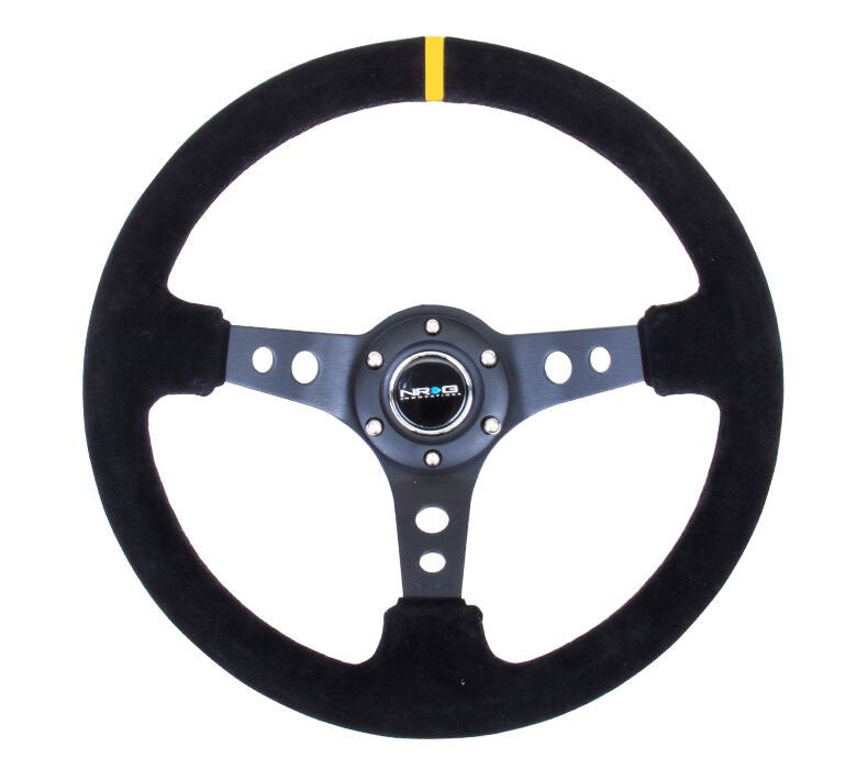 NRG - Reinforced Steering Wheel - 350mm Sport Steering Wheel (3" Deep) - Suede Black Stitch w/ Yellow Center Mark Steering Wheels - 3 Spokes Suede-RST-006S-Y - RZCrewEurope
