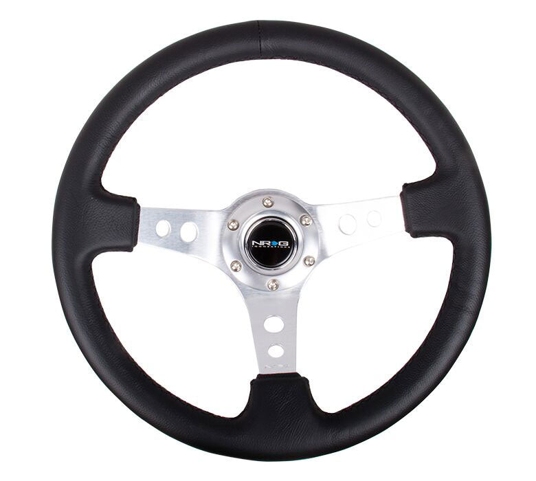 NRG - Reinforced Steering Wheel - 350mm Sport Steering Wheel (3" Deep) - SILVER Spoke w/ Round holes / Black Leather Steering Wheels - 3 Spokes Leather-RST-006SL - RZCrewEurope