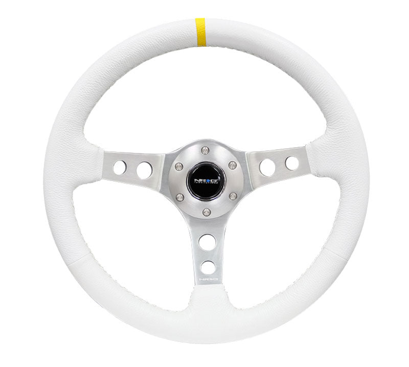 NRG - Reinforced Steering Wheel - 350mm Sport Steering Wheel (3" Deep) Silver Spoke with White Leather finish and White Stitch Steering Wheels - 3 Spokes Leather-RST-006WT-Y - RZCrewEurope