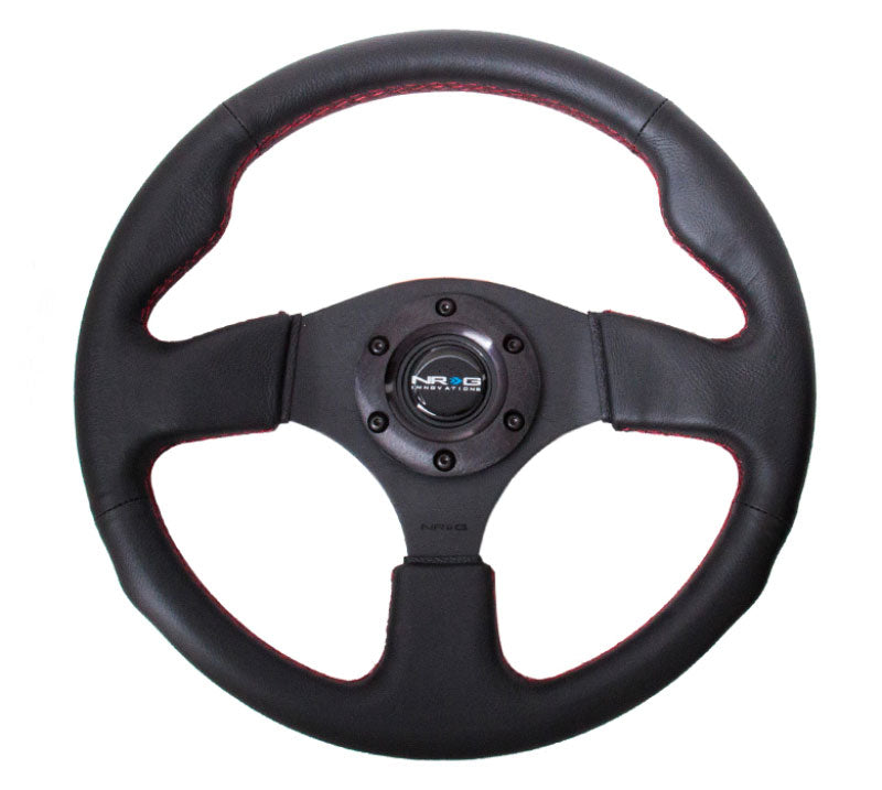 NRG - Reinforced Steering Wheel- 320mm Sport Leather Steering Wheel w/ red stitch Steering Wheels - 3 Spokes Leather-RST-012R-RS - RZCrewEurope