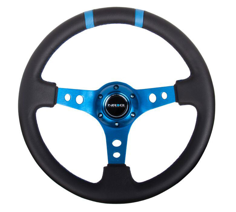 NRG - Reinforced Steering Wheel- 350mm Leather Sport Steering Wheel (3" Deep) Blue Spoke w/ Blue Double Center Marking Steering Wheels - 3 Spokes Leather-RST-016R-BL - RZCrewEurope