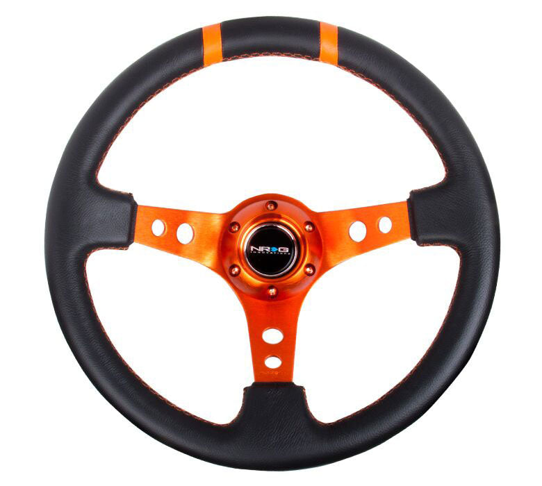 NRG - Reinforced Steering Wheel- 350mm Leather Sport Steering Wheel  (3" Deep) Orange w/ Orange Double Center Marking Steering Wheels - 3 Spokes Leather-RST-016R-OR - RZCrewEurope