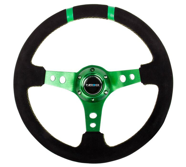 NRG - Reinforced Steering Wheel- 350mm Suede Sport Steering Wheel (3" Deep) Green Spoke w/ Green Double Center Marking Steering Wheels - 3 Spokes Suede-RST-016S-GN - RZCrewEurope