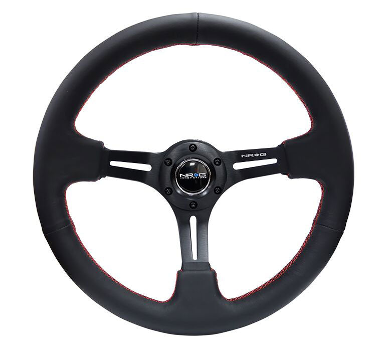 NRG - Reinforced Steering Wheel 350mm Sport Steering Wheel (3" Deep) Black Leather with Red Stitching Steering Wheels - 3 Spokes Leather-RST-018R-RS - RZCrewEurope